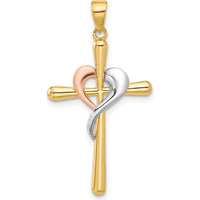 14K Yellow Gold and Rhodium Two-Tone Cross Pendant with Heart - 35.2mm Length by Oro Pregiato
