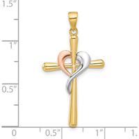14K Yellow Gold and Rhodium Two-Tone Cross Pendant with Heart - 35.2mm Length by Oro Pregiato