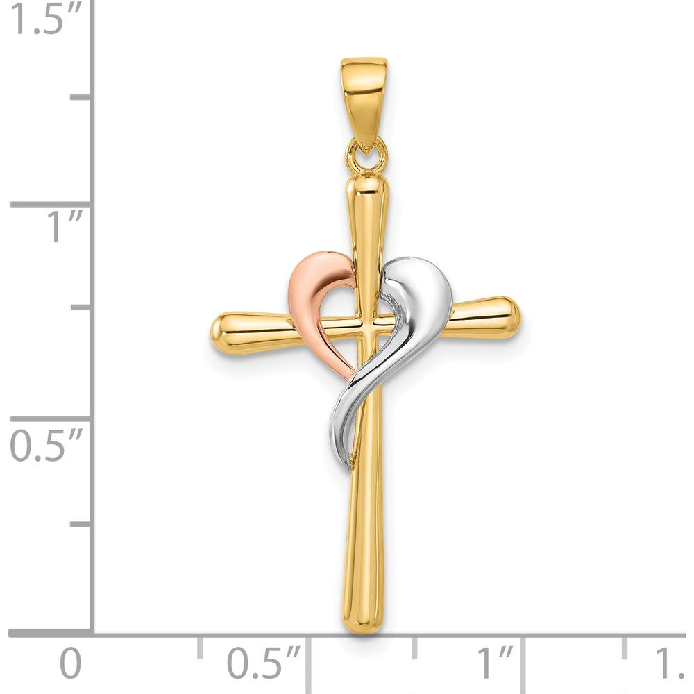 14K Yellow Gold and Rhodium Two-Tone Cross Pendant with Heart - 35.2mm Length by Oro Pregiato