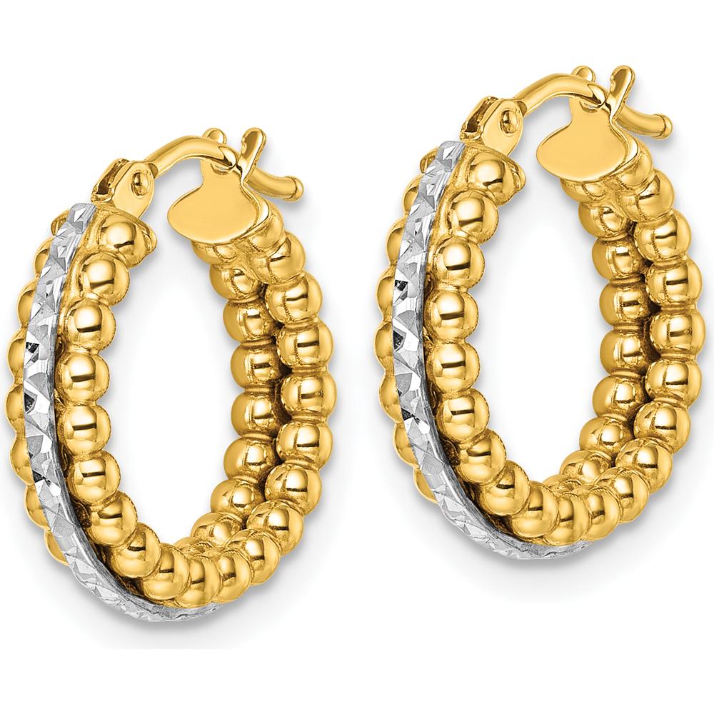 14K Yellow Gold and Rhodium Two-Tone Diamond-Cut Beaded Hoop Earrings - 16mm by 0