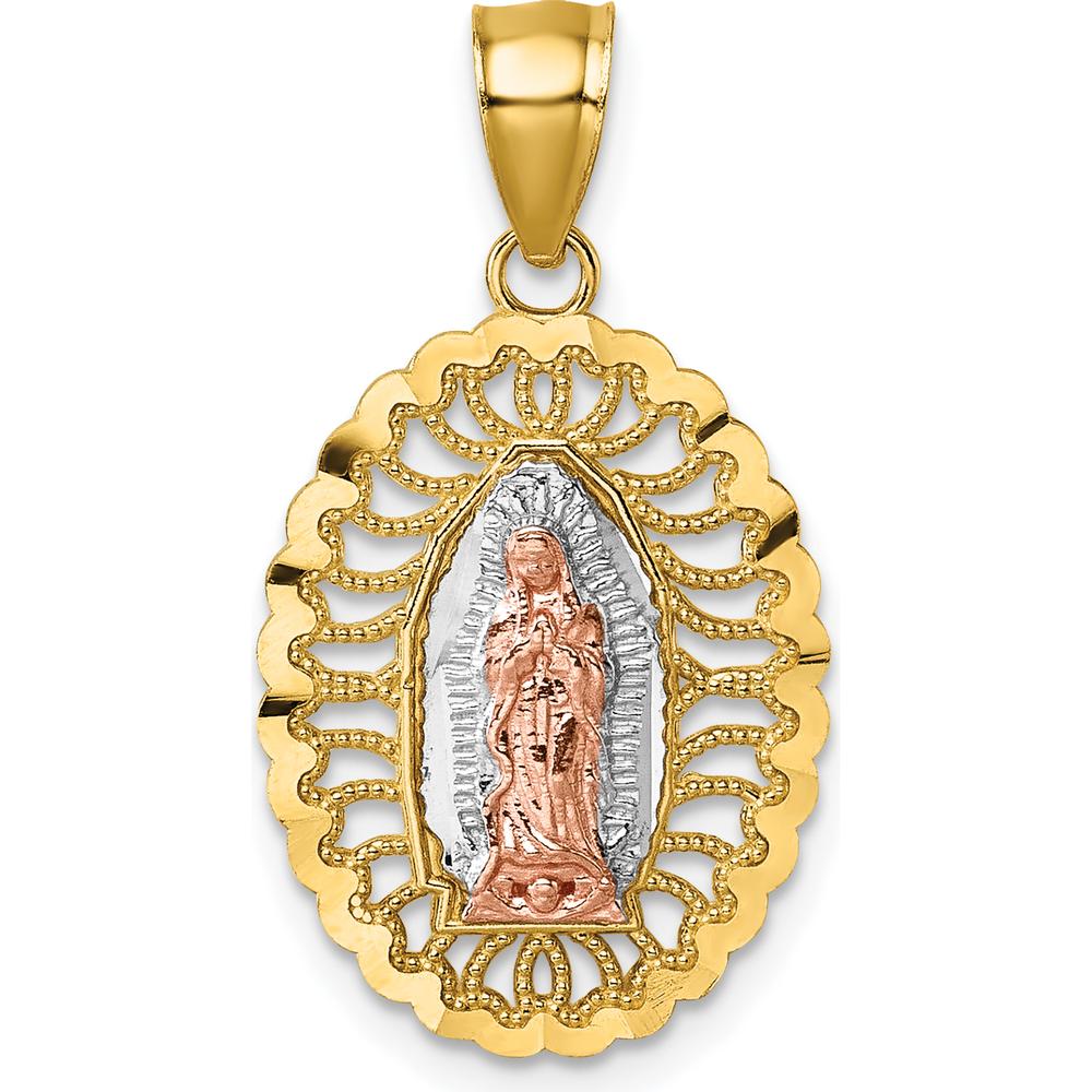 14K Yellow Gold and Rhodium Two-Tone Our Lady of Guadalupe Pendant with Diamond-Cut Texture by Oro Pregiato