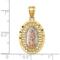 14K Yellow Gold and Rhodium Two-Tone Our Lady of Guadalupe Pendant with Diamond-Cut Texture by Oro Pregiato