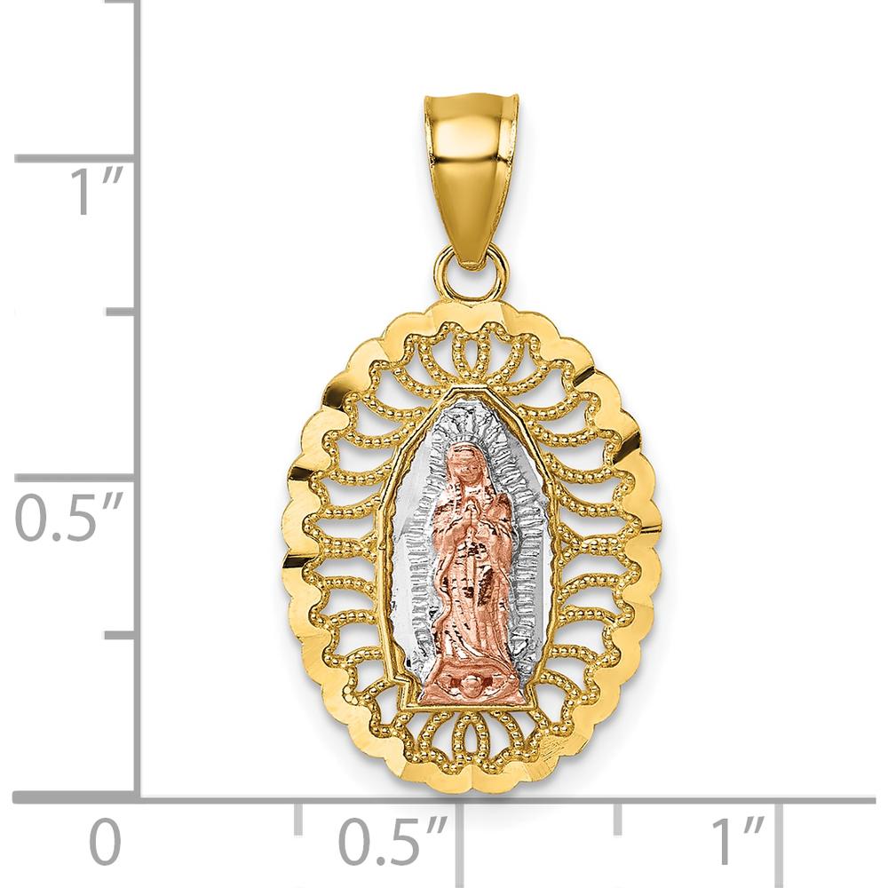 14K Yellow Gold and Rhodium Two-Tone Our Lady of Guadalupe Pendant with Diamond-Cut Texture by Oro Pregiato