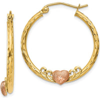 14K Yellow Gold & Rose Heart Diamond-Cut Hoop Earrings - Polished Finish, 26mm Length by 0
