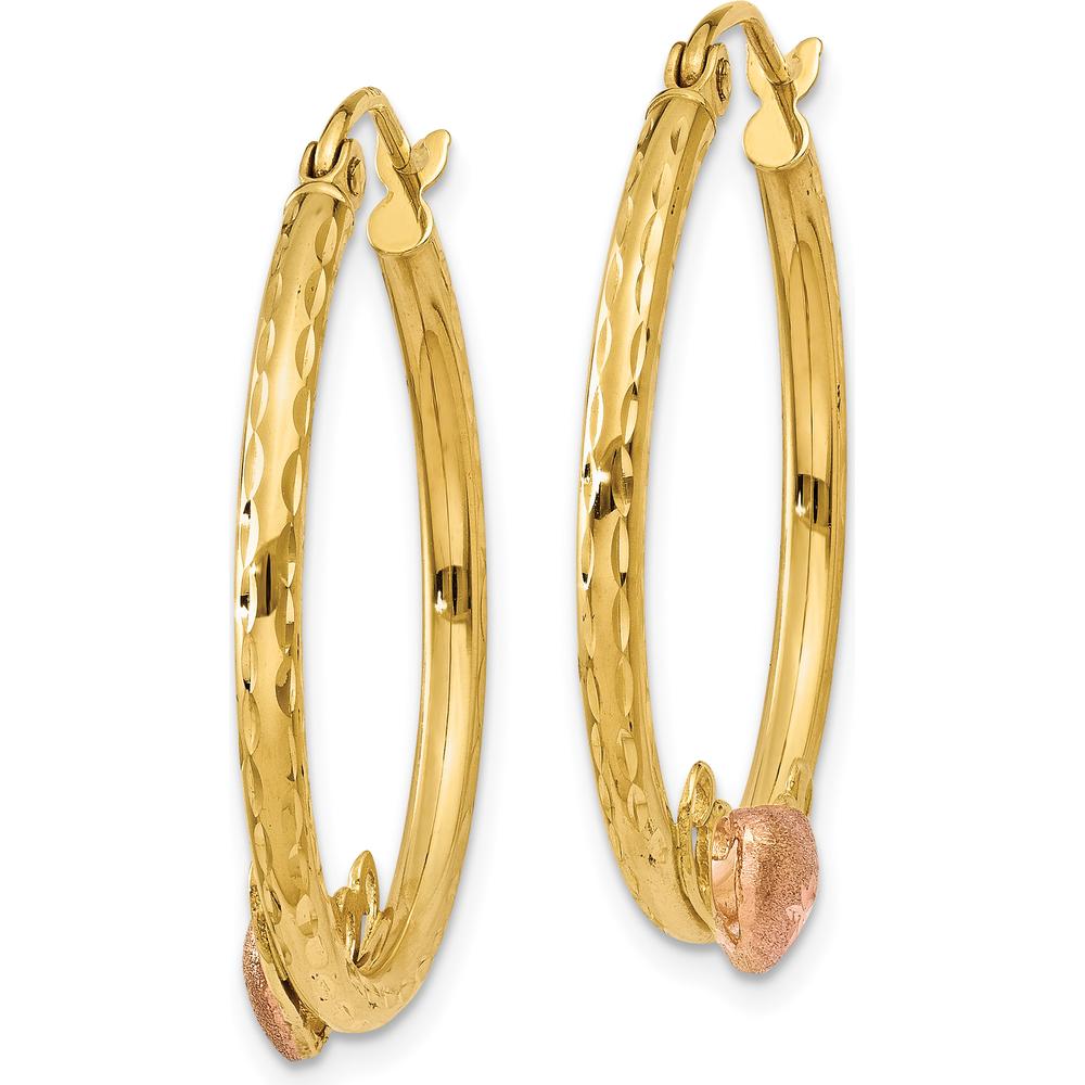 14K Yellow Gold & Rose Heart Diamond-Cut Hoop Earrings - Polished Finish, 26mm Length by 0