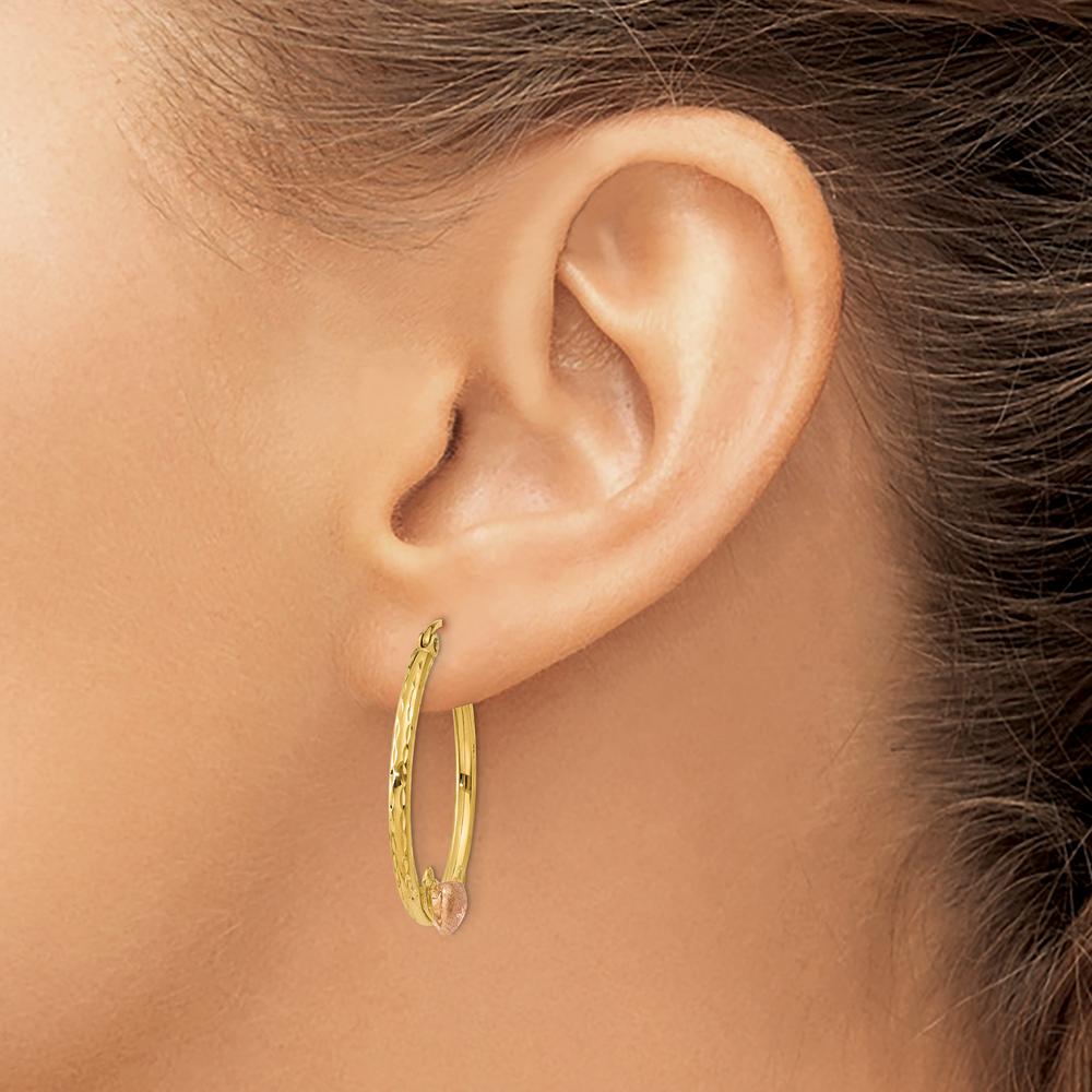 14K Yellow Gold & Rose Heart Diamond-Cut Hoop Earrings - Polished Finish, 26mm Length by 0