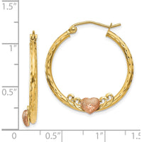 14K Yellow Gold & Rose Heart Diamond-Cut Hoop Earrings - Polished Finish, 26mm Length by 0