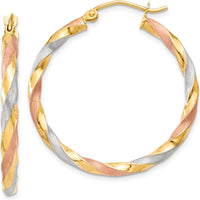 14K Yellow Gold & Rose Rhodium Satin Twisted Hoop Earrings - 34mm Length, Polished Finish by 0