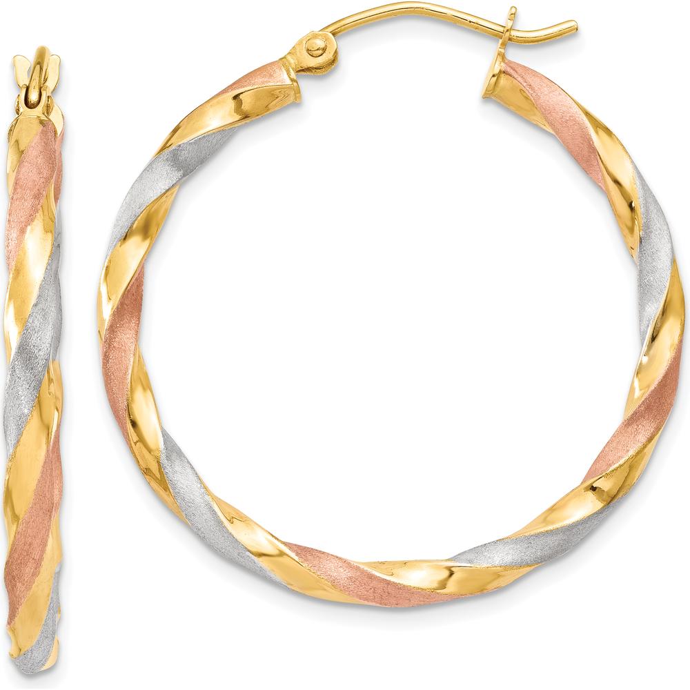 14K Yellow Gold & Rose Rhodium Satin Twisted Hoop Earrings - 34mm Length, Polished Finish by 0