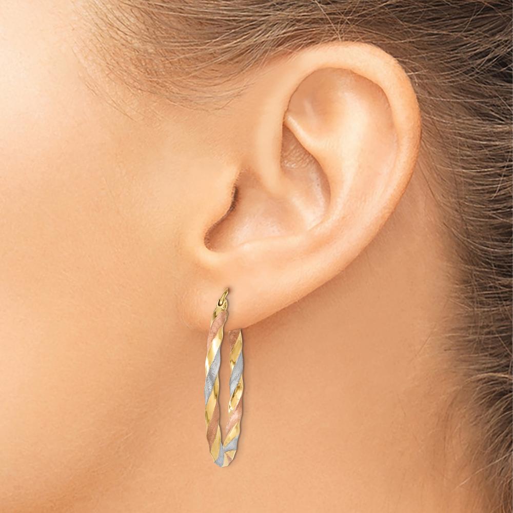 14K Yellow Gold & Rose Rhodium Satin Twisted Hoop Earrings - 34mm Length, Polished Finish by 0