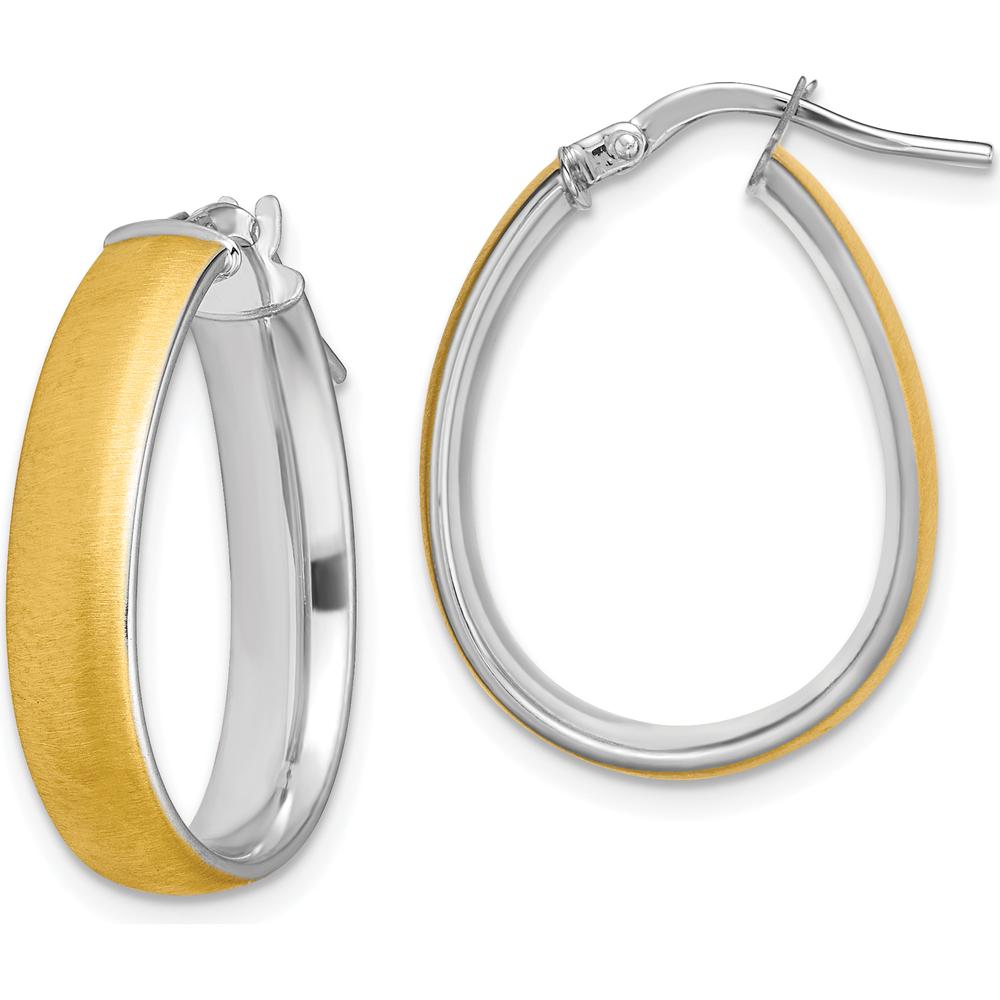 14K Yellow Gold and White Rhodium 23mm Satin and Polished Teardrop Hoop Earrings by 0