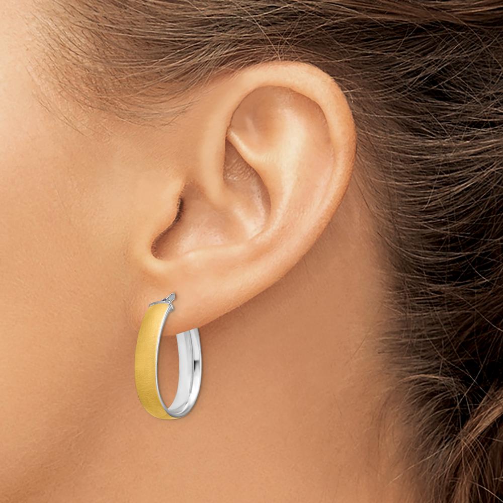 14K Yellow Gold and White Rhodium 23mm Satin and Polished Teardrop Hoop Earrings by 0
