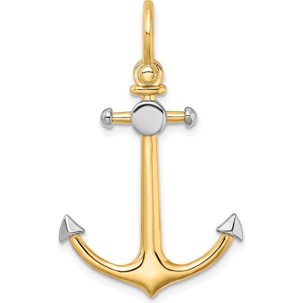 14K Yellow Gold and White Rhodium 3D Anchor Charm with Shackle Bail - 36.95mm Length by Oro Pregiato