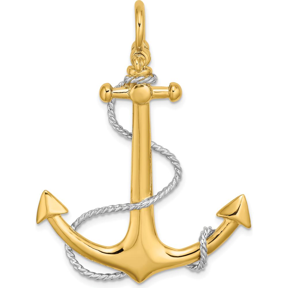 14K Yellow Gold and White Rhodium 3D Anchor Pendant with Rope and Shackle Bail - 48mm Length by Oro Pregiato