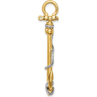 14K Yellow Gold and White Rhodium 3D Anchor Pendant with Rope and Shackle Bail - 48mm Length by Oro Pregiato