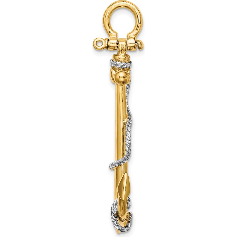14K Yellow Gold and White Rhodium 3D Anchor Pendant with Rope and Shackle Bail - 48mm Length by Oro Pregiato
