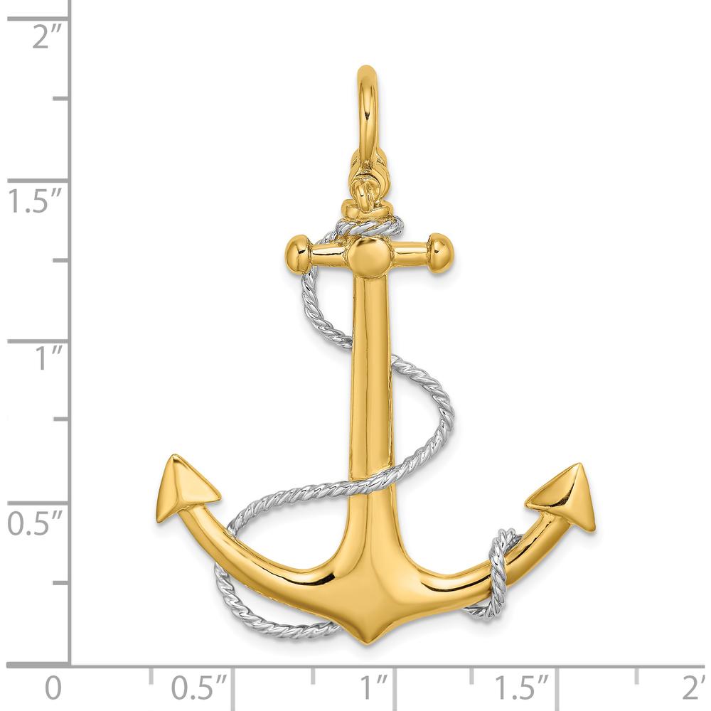 14K Yellow Gold and White Rhodium 3D Anchor Pendant with Rope and Shackle Bail - 48mm Length by Oro Pregiato