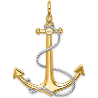 14K Yellow Gold and White Rhodium 3D Anchor Pendant with Rope and Shackle Bail - 48mm Length by Oro Pregiato