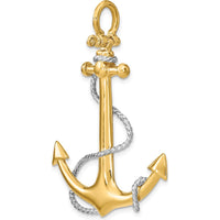 14K Yellow Gold and White Rhodium 3D Anchor Pendant with Rope and Shackle Bail - 48mm Length by Oro Pregiato