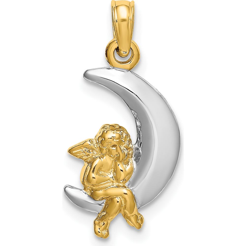 14K Yellow Gold and White Rhodium 3D Angel on Crescent Moon Charm Pendant by Oro Pregiato