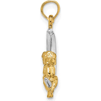 14K Yellow Gold and White Rhodium 3D Angel on Crescent Moon Charm Pendant by Oro Pregiato
