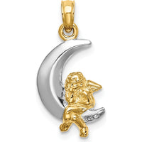 14K Yellow Gold and White Rhodium 3D Angel on Crescent Moon Charm Pendant by Oro Pregiato