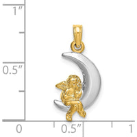 14K Yellow Gold and White Rhodium 3D Angel on Crescent Moon Charm Pendant by Oro Pregiato