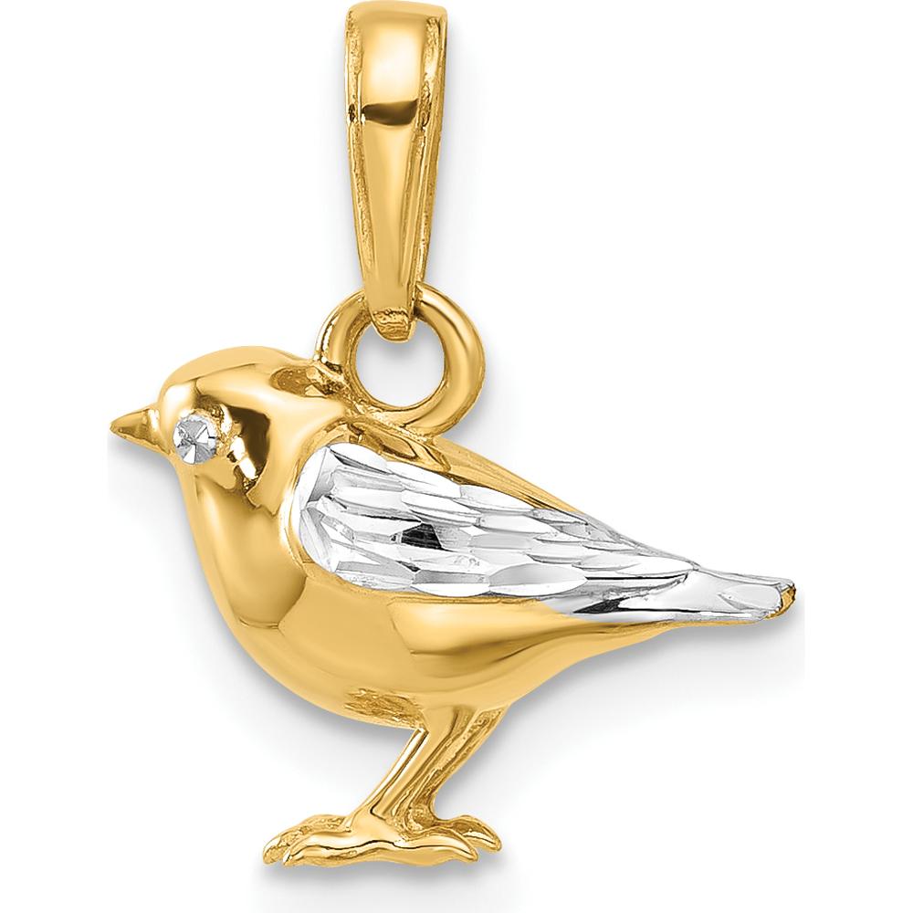 14K Yellow Gold and White Rhodium 3D Bird Pendant with Diamond-Cut Texture by Oro Pregiato