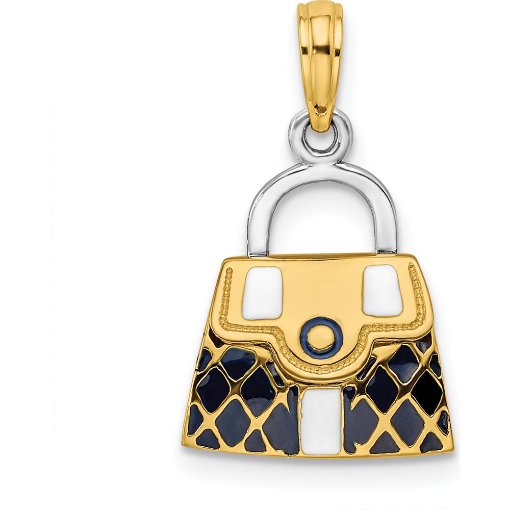 14K Yellow Gold and White Rhodium 3D Black Enameled Quilted Handbag Charm with Opening Feature by Oro Pregiato