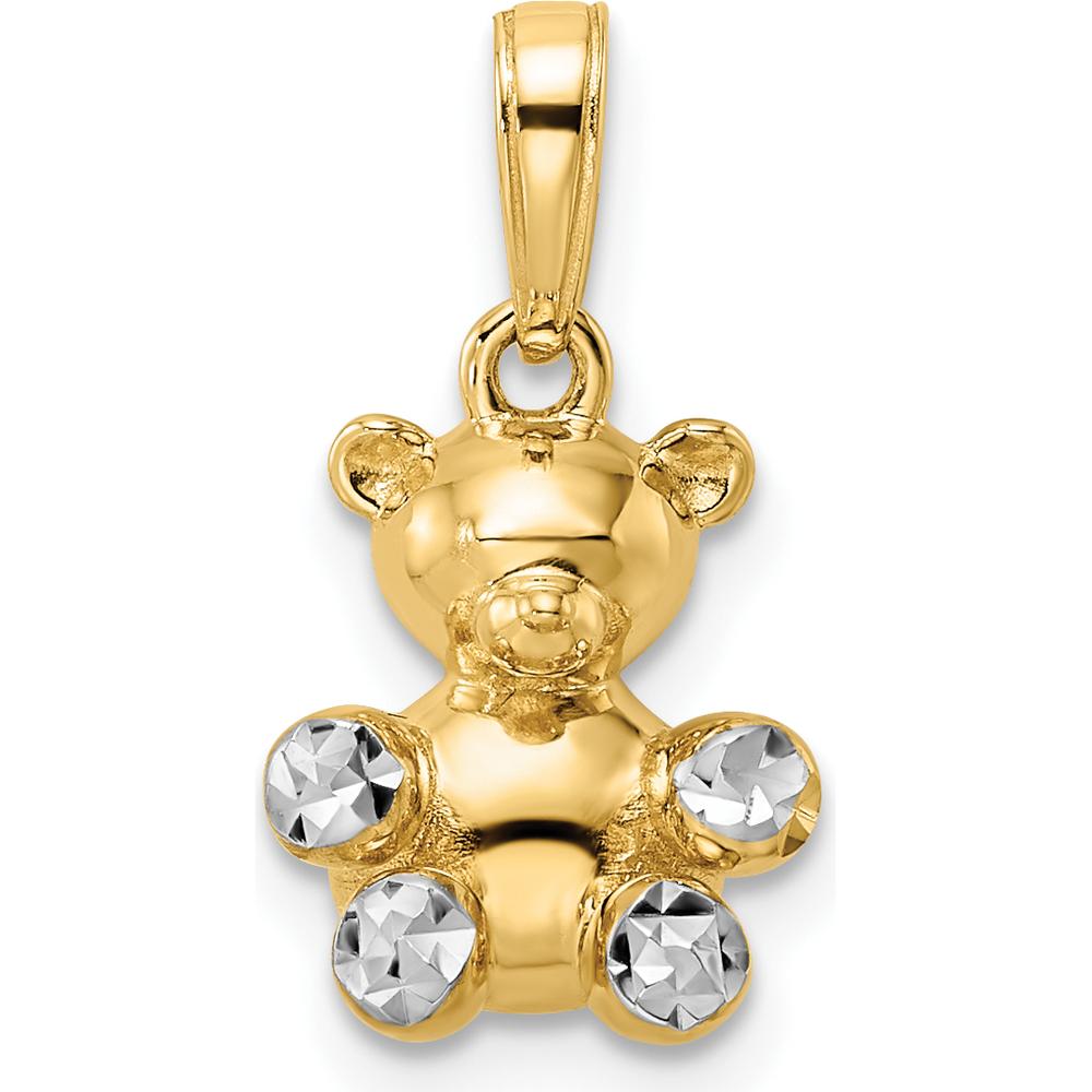 14K Yellow Gold and White Rhodium 3D Diamond-Cut Teddy Bear Pendant by Oro Pregiato