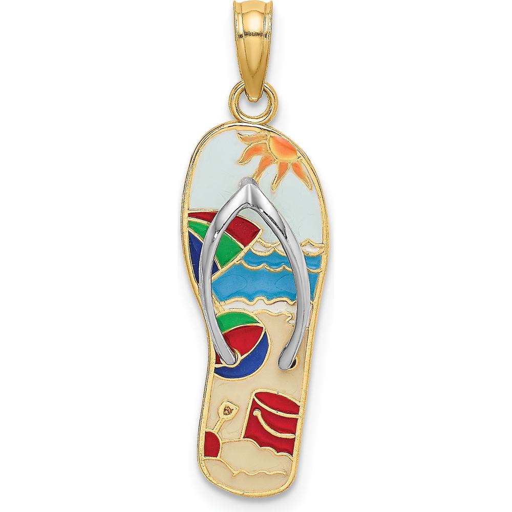 14K Yellow Gold and White Rhodium 3D Enameled Flip-Flop Beach Scene Charm by Oro Pregiato
