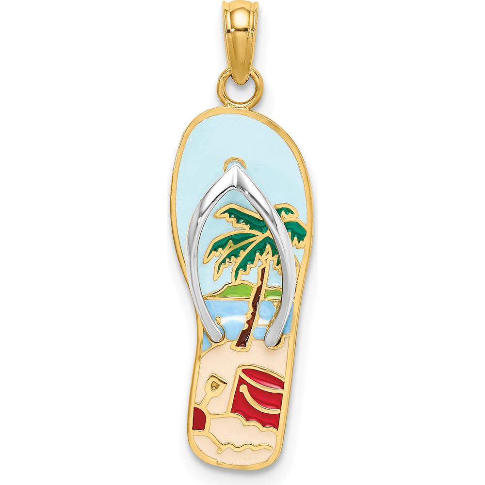 14K Yellow Gold and White Rhodium 3D Enameled Palm Tree and Beach Bucket Flip-Flop Charm - Summer Vacation Inspired Jewelry by Oro Pregiato