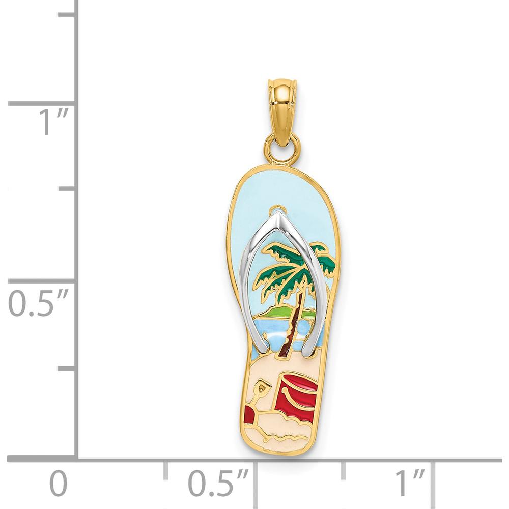 14K Yellow Gold and White Rhodium 3D Enameled Palm Tree and Beach Bucket Flip-Flop Charm - Summer Vacation Inspired Jewelry by Oro Pregiato