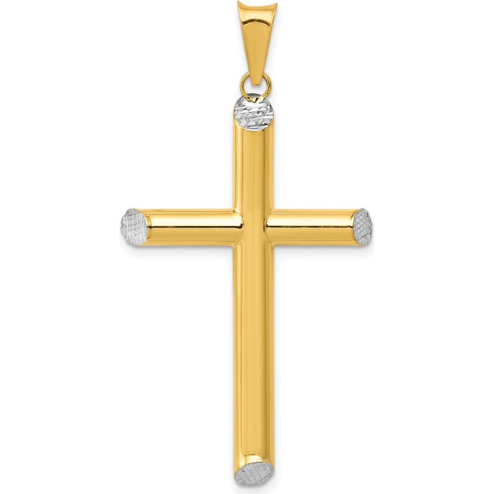14K Yellow Gold and White Rhodium 3D Hollow Diamond-Cut Cross Pendant - 45mm x 25mm by Oro Pregiato