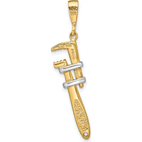 14K Yellow Gold and White Rhodium 3D Pipe Wrench Charm - Solid 14K Gold Construction