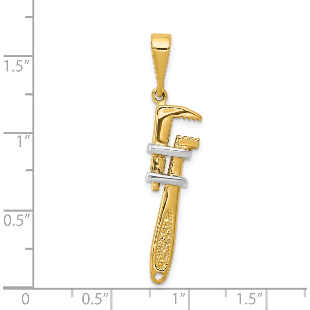 14K Yellow Gold and White Rhodium 3D Pipe Wrench Charm - Solid 14K Gold Construction