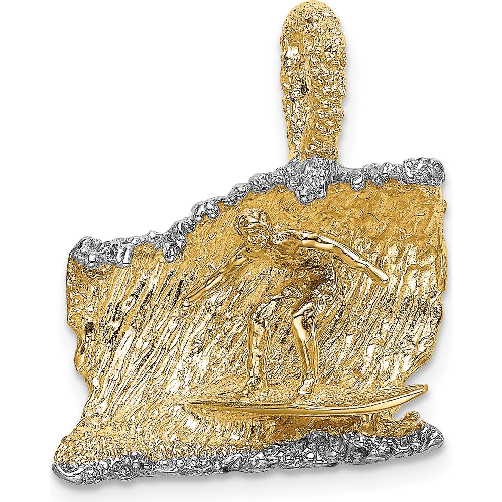 14K Yellow Gold and White Rhodium 3D Surfer in Wave Charm - Textured Ocean Pendant by Oro Pregiato