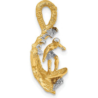 14K Yellow Gold and White Rhodium 3D Surfer in Wave Charm - Textured Ocean Pendant by Oro Pregiato