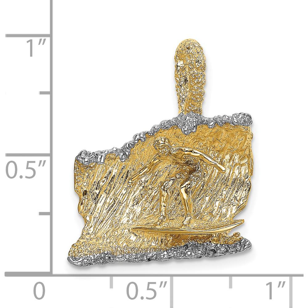 14K Yellow Gold and White Rhodium 3D Surfer in Wave Charm - Textured Ocean Pendant by Oro Pregiato