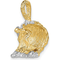 14K Yellow Gold and White Rhodium 3D Surfer in Wave Charm - Textured Ocean Pendant by Oro Pregiato