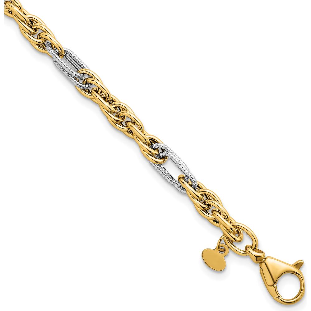14K Yellow Gold and White Rhodium 7.5" Fancy Rope Link Bracelet with Textured Accents - 4.2mm Width by 0