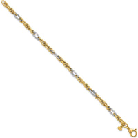14K Yellow Gold and White Rhodium 7.5" Fancy Rope Link Bracelet with Textured Accents - 4.2mm Width by 0