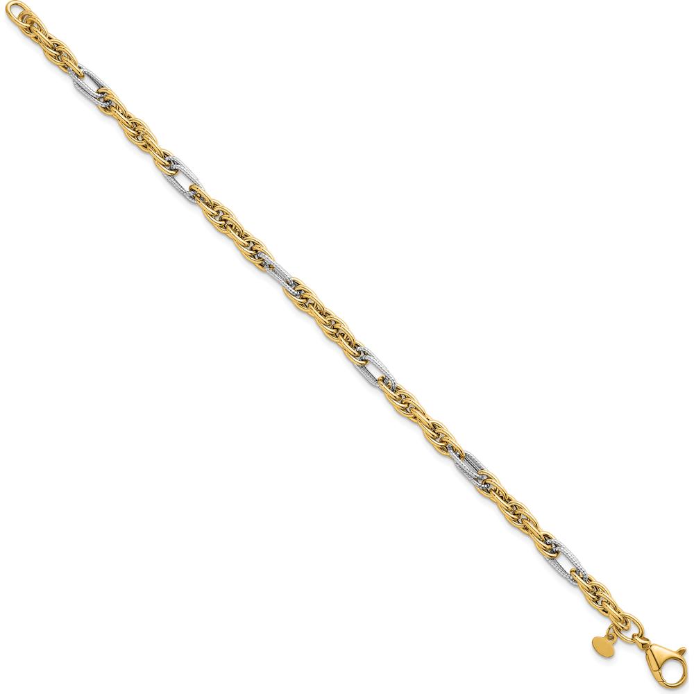 14K Yellow Gold and White Rhodium 7.5" Fancy Rope Link Bracelet with Textured Accents - 4.2mm Width by 0