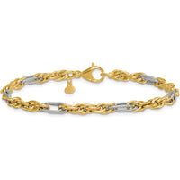 14K Yellow Gold and White Rhodium 7.5" Fancy Rope Link Bracelet with Textured Accents - 4.2mm Width by 0
