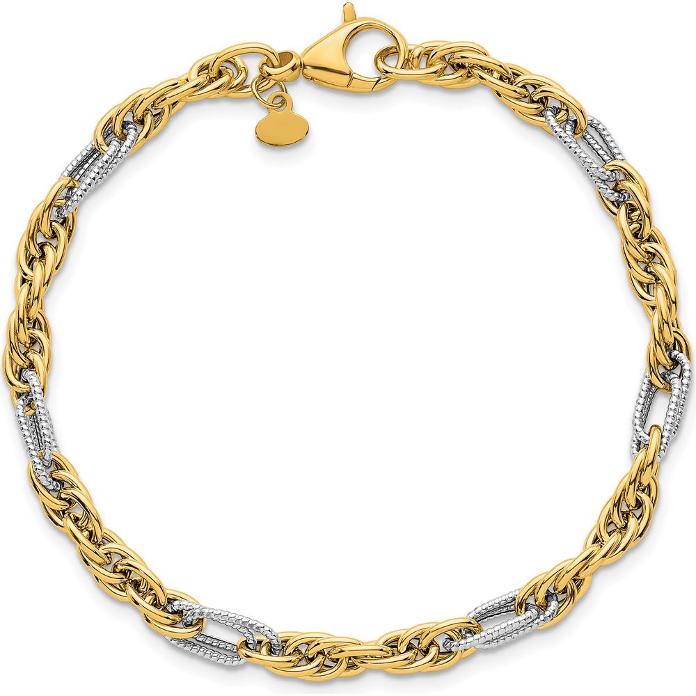 14K Yellow Gold and White Rhodium 7.5" Fancy Rope Link Bracelet with Textured Accents - 4.2mm Width by 0