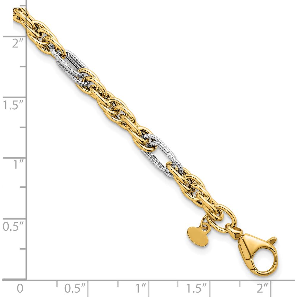 14K Yellow Gold and White Rhodium 7.5" Fancy Rope Link Bracelet with Textured Accents - 4.2mm Width by 0