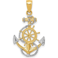 14K Yellow Gold and White Rhodium Anchor with Ship's Wheel Pendant - Nautical Themed 31mm Length by Oro Pregiato
