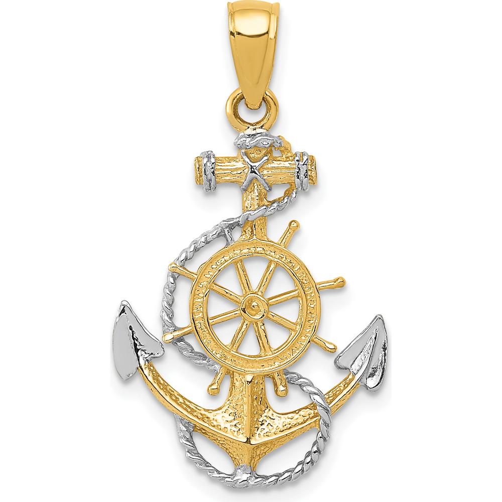 14K Yellow Gold and White Rhodium Anchor with Ship's Wheel Pendant - Nautical Themed 31mm Length by Oro Pregiato