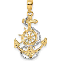 14K Yellow Gold and White Rhodium Anchor with Ship's Wheel Pendant - Nautical Themed 31mm Length by Oro Pregiato