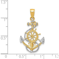 14K Yellow Gold and White Rhodium Anchor with Ship's Wheel Pendant - Nautical Themed 31mm Length by Oro Pregiato